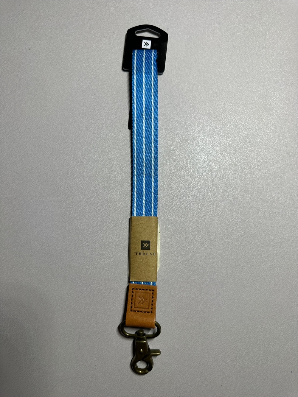 Thread Blue Stripe Lanyard with Leather Accent